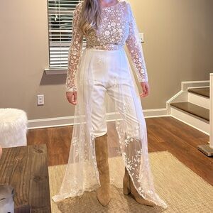 Beautiful White and Nude Jumpsuit with Train and Lace Details